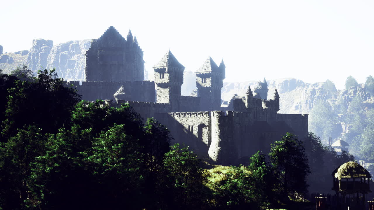 Majestic medieval castle towering over lush green landscape at dawn