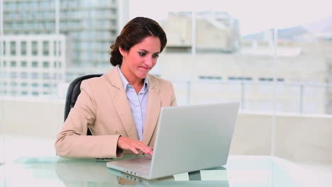 concentrada mujer de negocios atractiva usando una computadora portátil