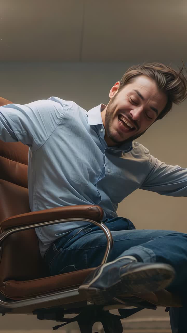 Vídeo vertical: homem girando, rindo e se sentando em um escritório, segurando apoio de braço de metal, camisa azul