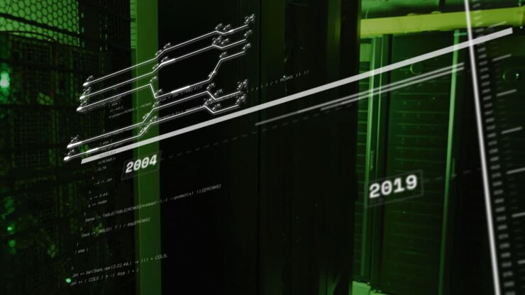 Digital timeline and data processing animation over green server racks