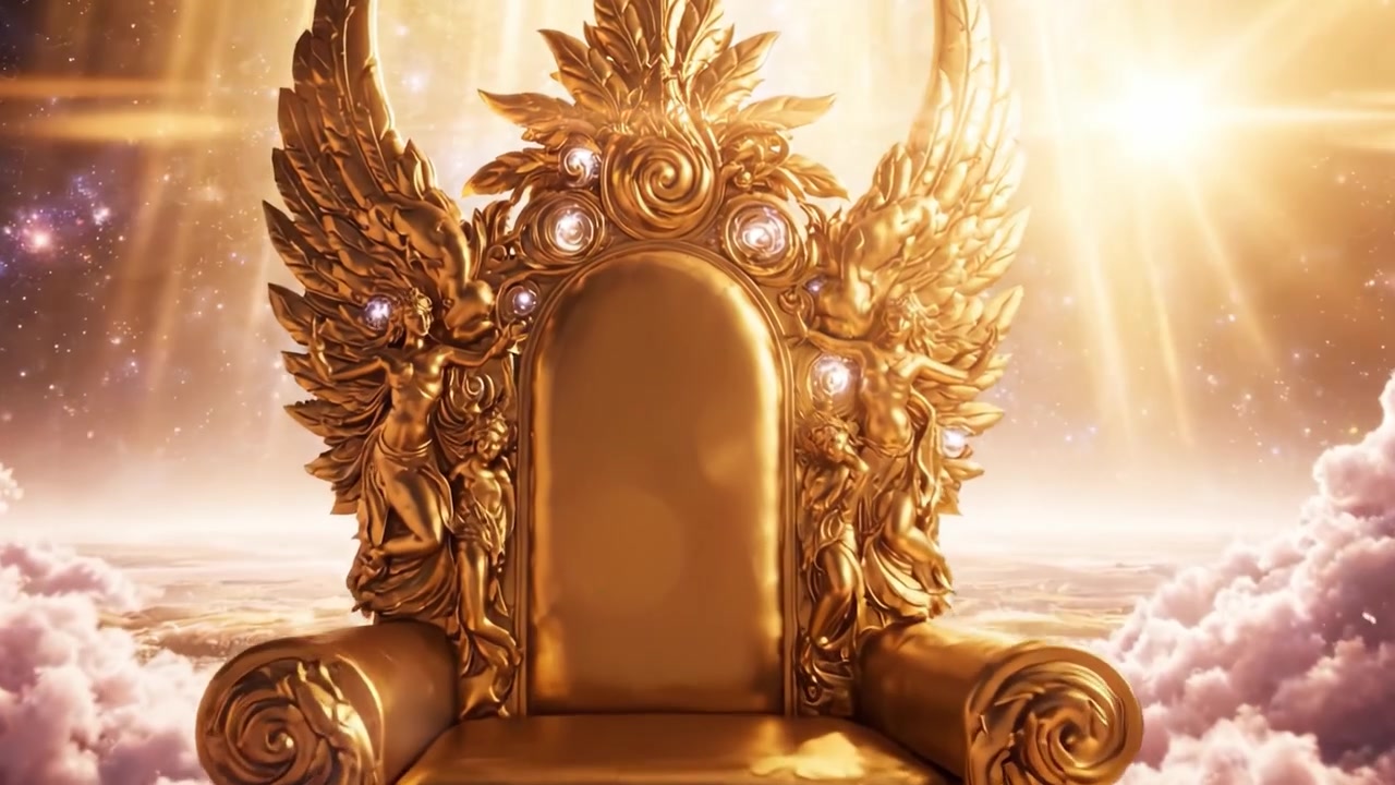 A Majestic Golden Throne Surrounded by Clouds and Ethereal Light, Symbolizing Power and Divinity Amidst a Celestial Realm