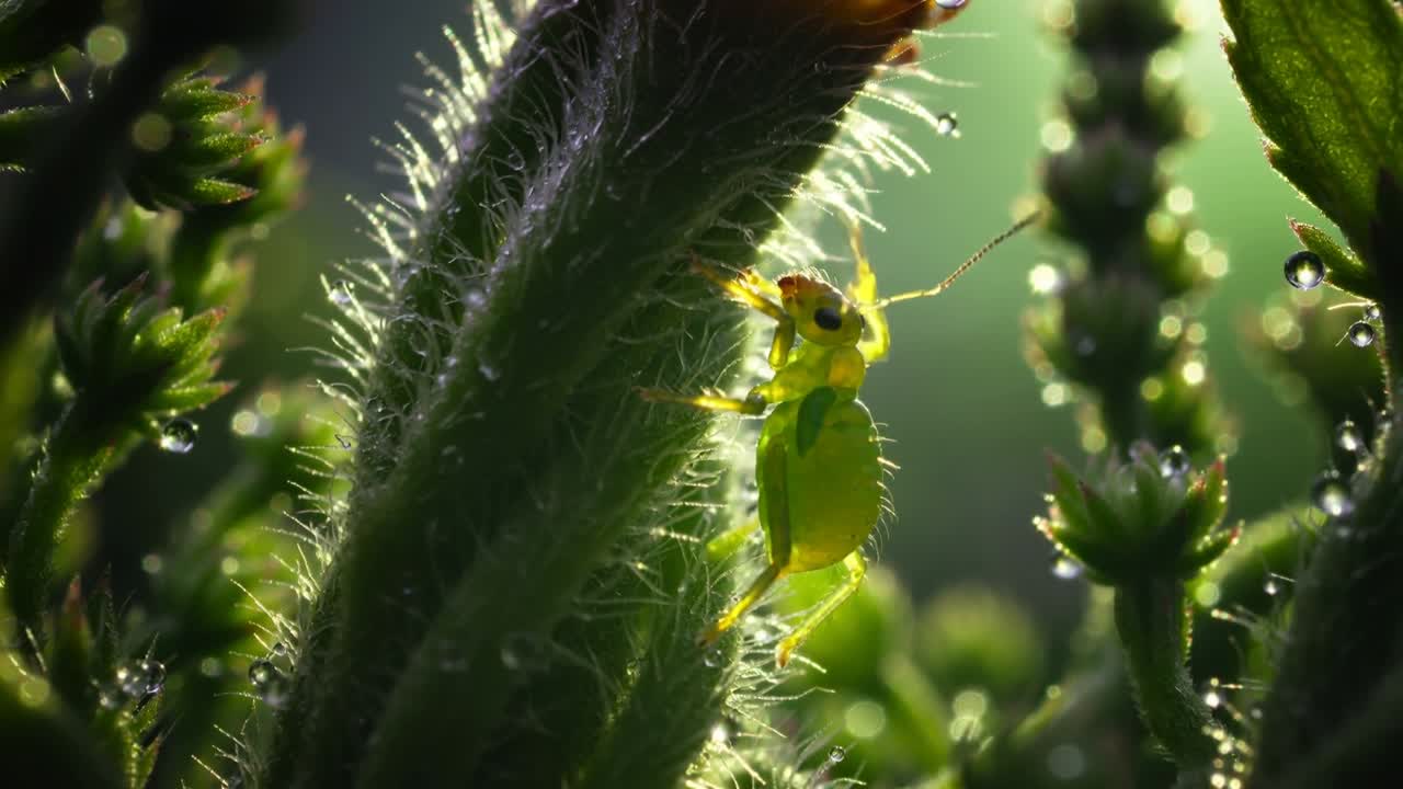Climbing neon green insect probing hairy stem in garden toward bud, dawn backlit glinting dew drops