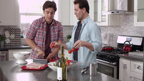 hombre cortando mientras su novio cocina ingredientes en una sartén, filmado en r3d