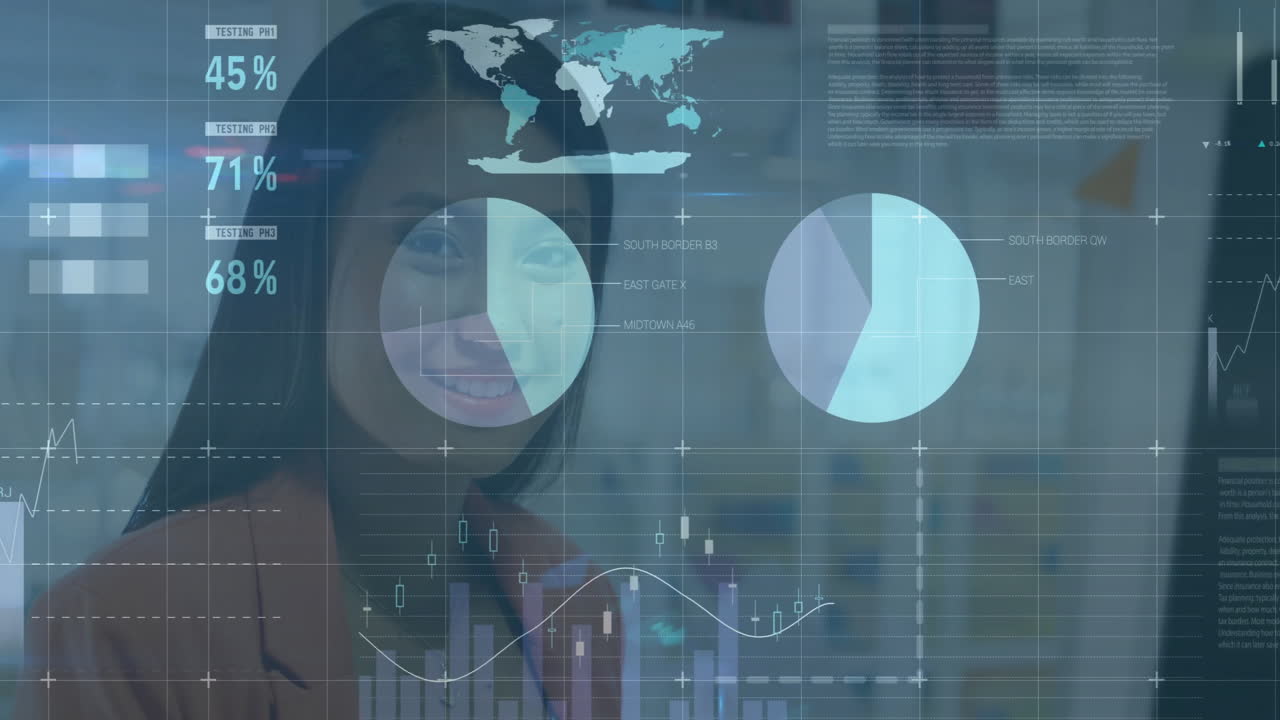 gráficos de datos financieros y animación del mapa del mundo sobre la mujer sonriente en la oficina