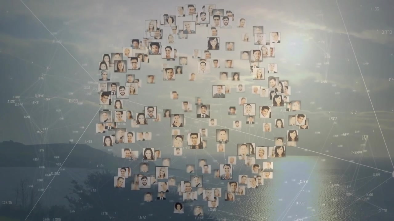Portrait squares forming sphere over sunset horizon, tech lines flickering, illustrating network