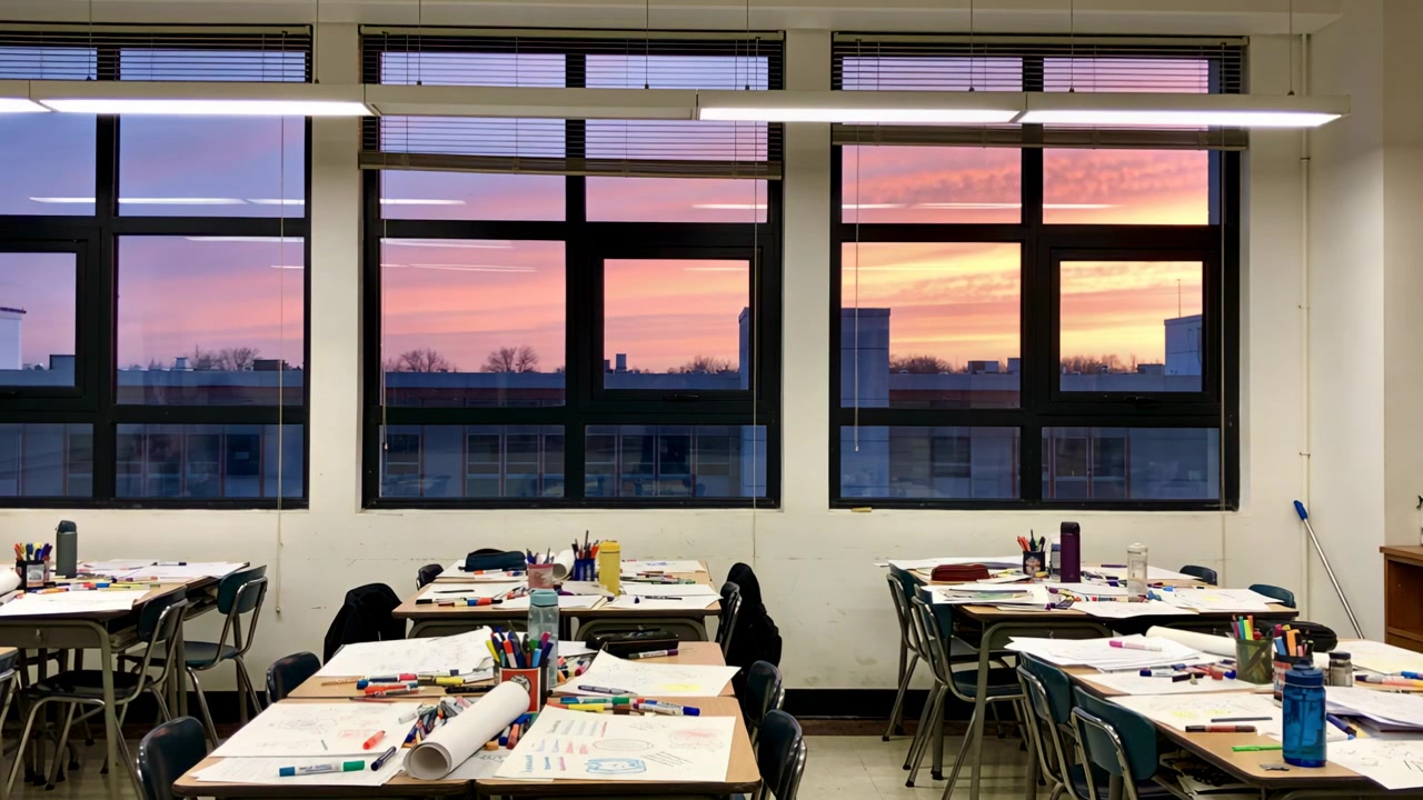 Entering frame student wearing dark coat walking past classroom tables at sunset, markers visible