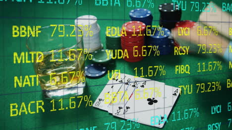 animation of trading board over chips, poker cards, whiskey and us dollar bills on table