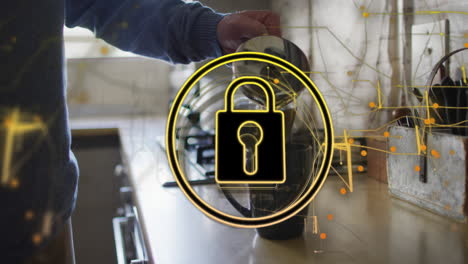 animation of padlock and navigation pattern, midsection of caucasian man pouring coffee in cup