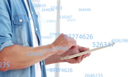 using tablet, person interacting with floating numbers animation