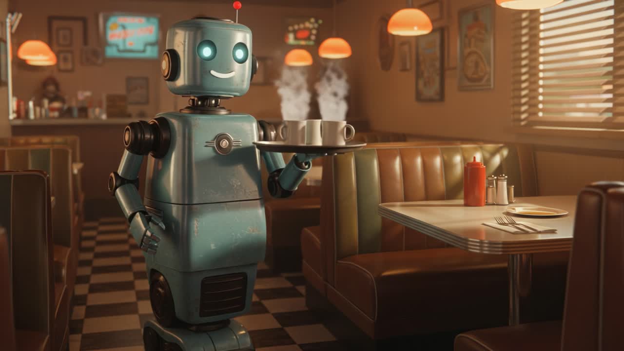A Friendly Robot Serves Coffee in a Classic Diner Setting, Bringing a Touch of Automation to a Cozy, Retro Atmosphere with Steaming Cups Ready for Customers