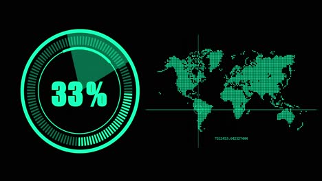 HUD-green-monitor-target-aiming-point-moving-around-world-map-continents-with-progress-display---futuristic-world-geographic-target-network-planning-footage-concept