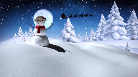 Snow-falling-over-snowwoman-on-winter-landscape-against-moon-in-the-night-sky