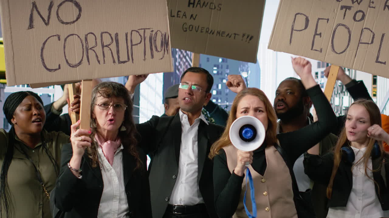 People protesting together during a strike and public march against corruption