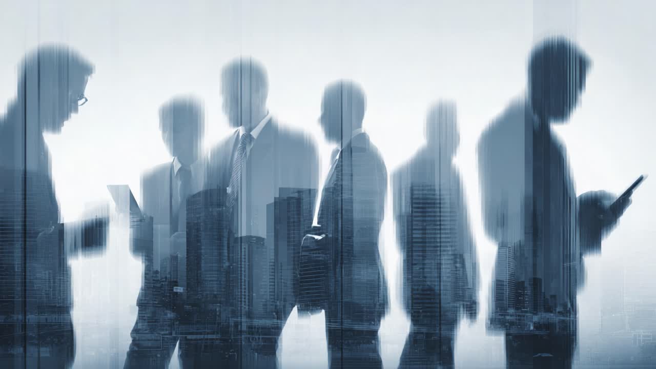 A representation of professional networking and collaboration depicted through the silhouettes of business individuals in a modern urban setting, blending technology and business dynamics