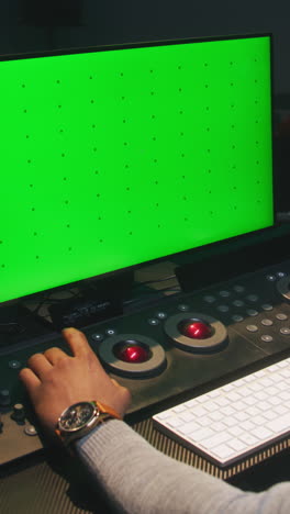 video editing workstation with green screen monitor