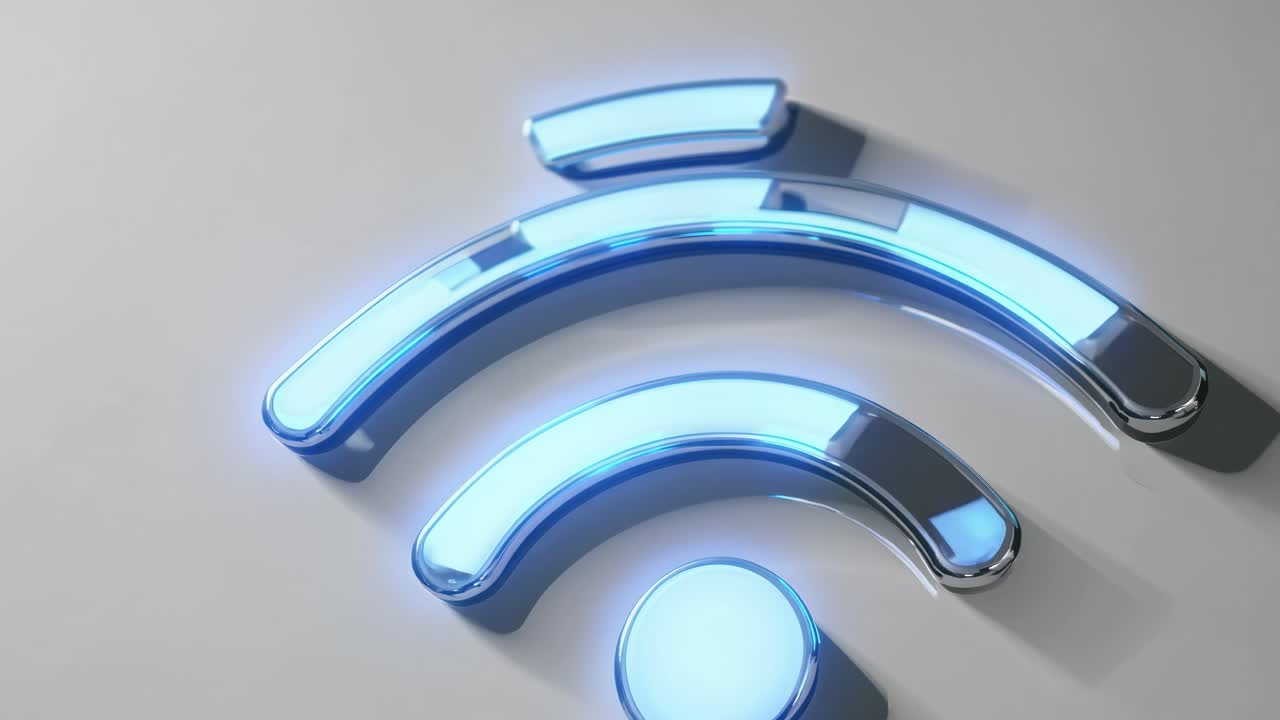 Close-up video of a glowing 3D Wi-Fi symbol on a sleek surface, captured from a top-down angle