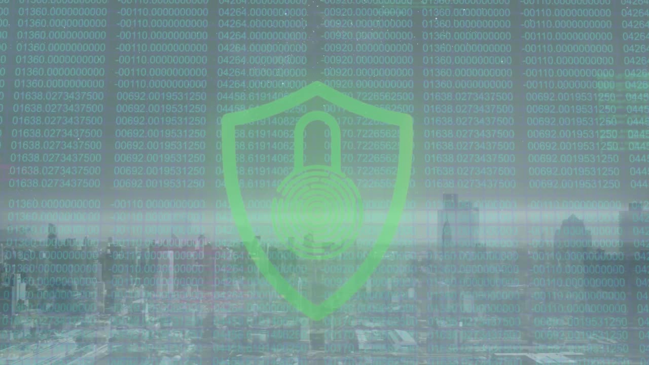 도시 풍경 위의 디지털 락과 숫자의 애니메이션