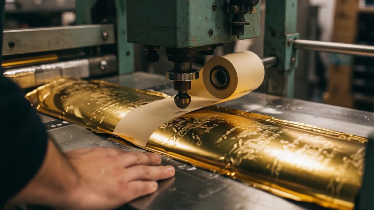 A Skilled Operator Utilizing a Vintage Machine to Process Golden Foil, Showcasing the Intricacies of Craftsmanship in Traditional Artistry and Manufacturing