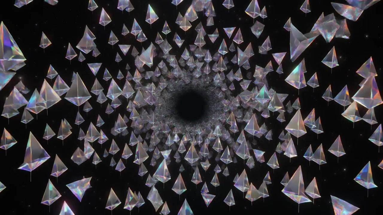 Abstract Tunnel of Floating Iridescent Geometric Pyramids in Space