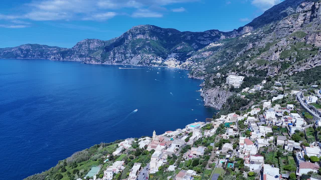 Amalfi Coast At Praiano In Salerno Italy. Coastal City. Waterfront Landscape. Amalfi Coast At Praiano In Salerno Italy. Beach Scenery. Medieval Buildings. Amalfi Coast Skyline