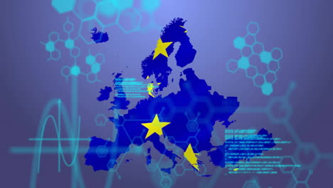 animación del procesamiento de datos con fórmula química sobre el mapa de europa con bandera de la ue