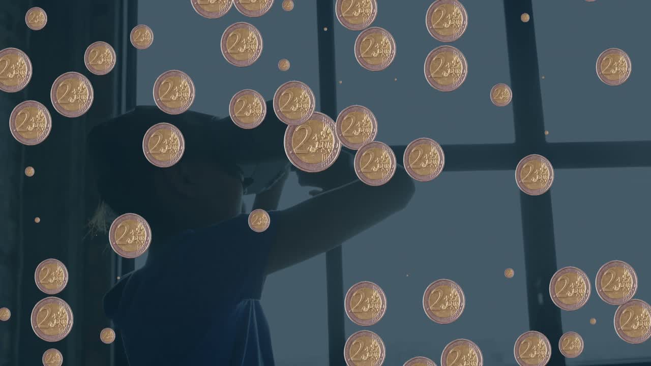 animación de monedas parpadeando sobre una chica afroamericana en auriculares vr