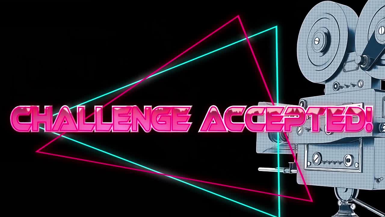 분홍색 텍스트 도전의 애니메이션 받아들여, 네온 라인과 영화 카메라, 보라색과 오렌지색에