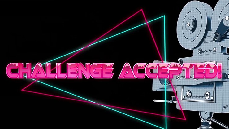 Animation of pink text challenge accepted, over neon lines and movie camera, on purple and orange