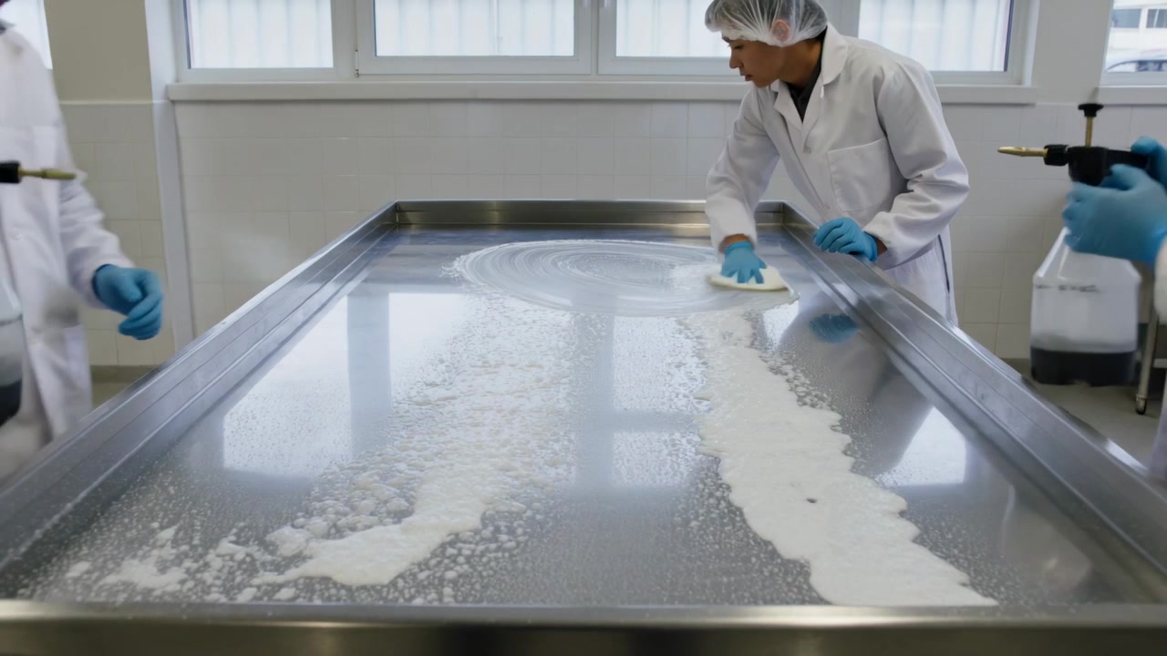 Spraying labcoat techs operating sprayers, hairnet tech smoothing foam on steel tray in lab to coat