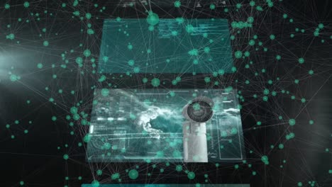 Animation of network of connections with digital screens on black background