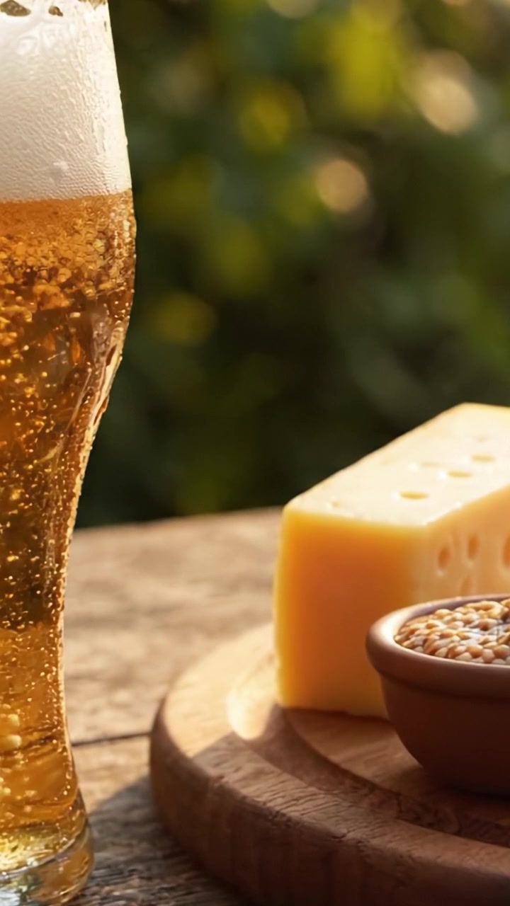 Abbinamento Delizioso: Birra Rinfrescante Servita con Formaggio Gustoso e Senape Gourmet su un Tagliere di Legno Rustico, Catturando l'Essenza di un'Esperienza Culinaria Gourmet