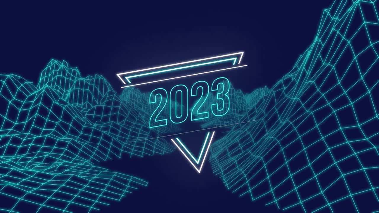 animación de montañas digitales sobre el texto de 2023