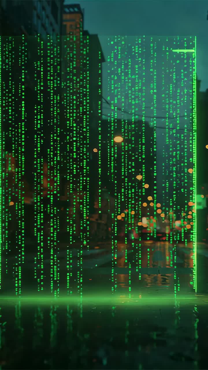 Vertical video: Intensifying green code rain spilling over city street, unveiling neon portal frame