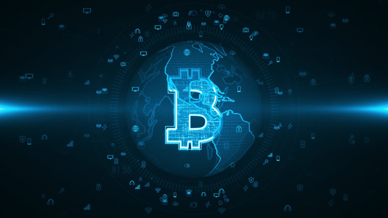 Motion graphic of Blue bitcoin icon and earth sphere with icon technology futuristic elements abstract background