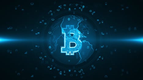 motion graphic of blue bitcoin icon and earth sphere with icon technology futuristic elements abstract background