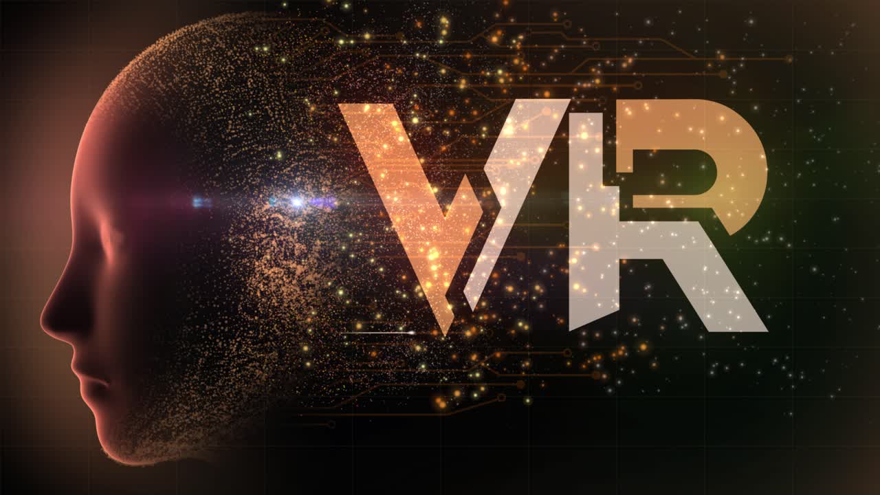 High quality animated graphical concept design depicting emerging Virtual Reality technology with firing neurons in circuitry and flowing particles from AI Brain, in orange color scheme