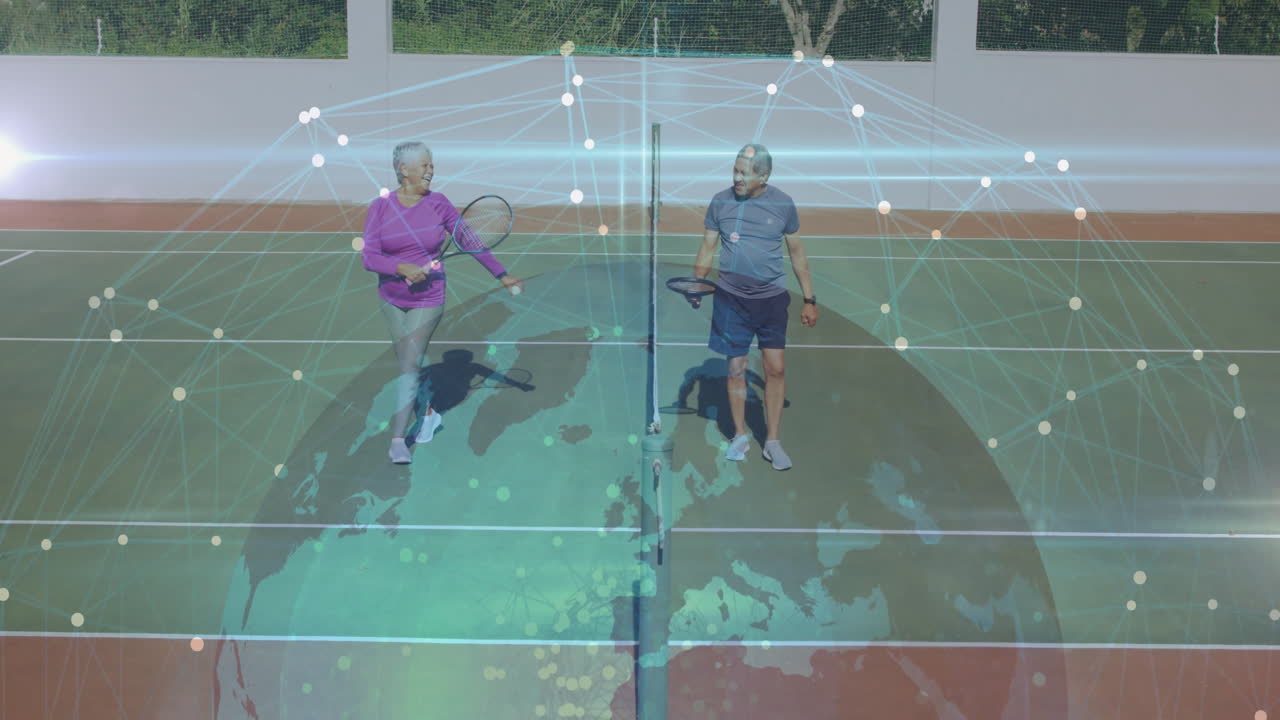 Two seniors playing pickleball on outdoor court, integrating technology with digital globe overlay
