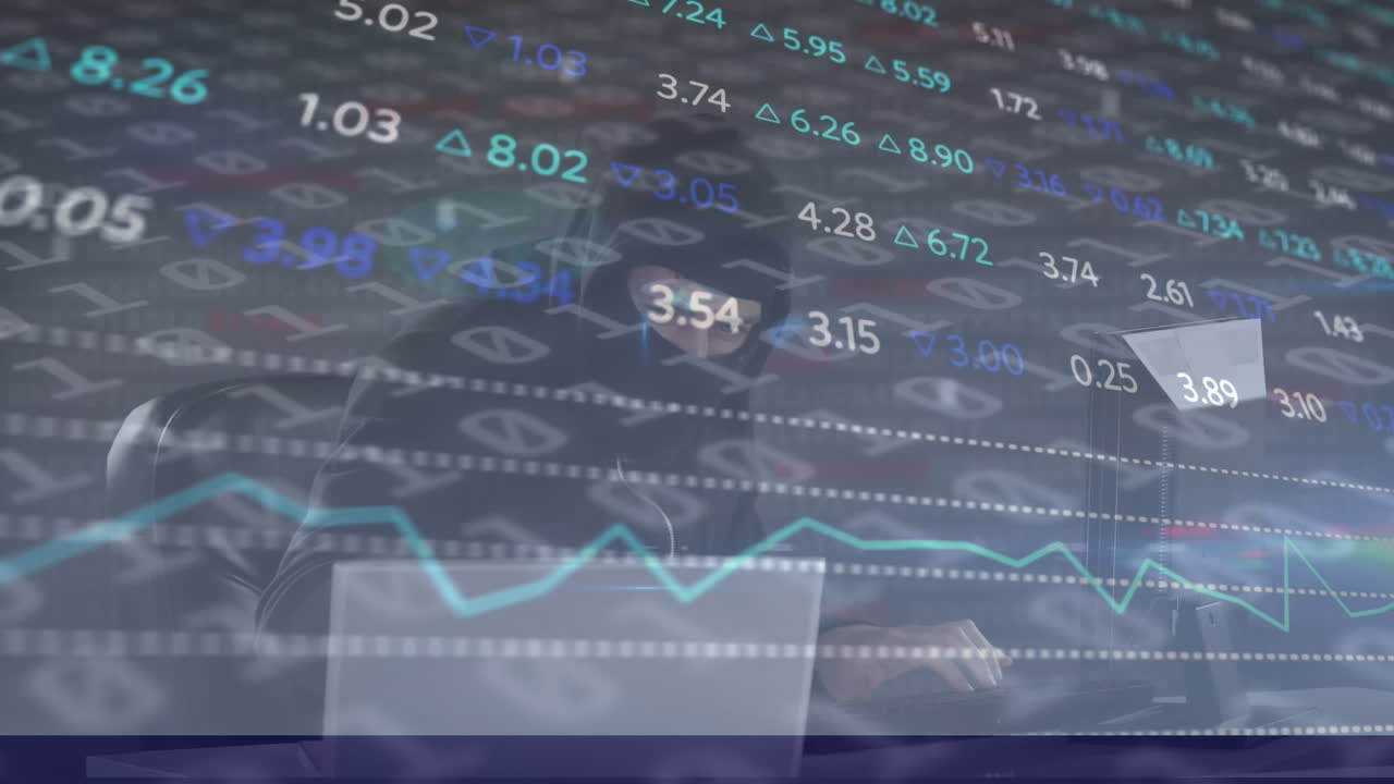 animación de un hacker usando una computadora portátil con procesamiento de datos financieros