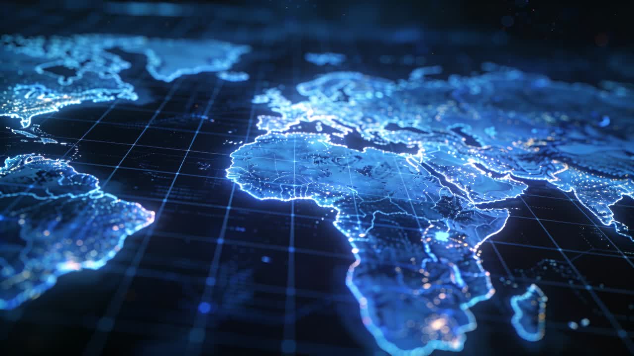 Animating holographic map inching closer to Africa over grid in dark studio, showing node clusters