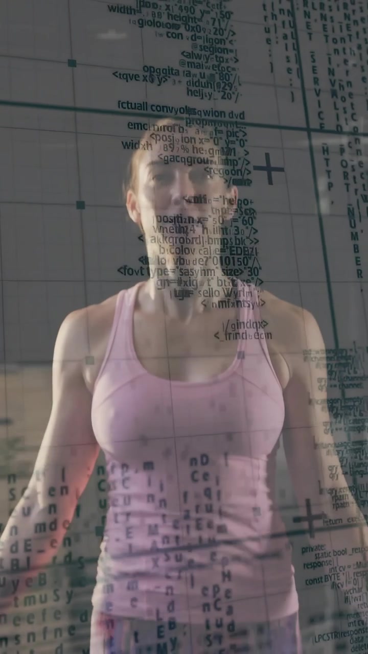 Vertical video: On clip start woman performing skipping for cardio while tech grid overlay shifting