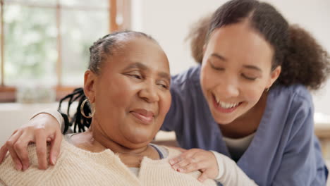 happy, women and nurse hug patient in home