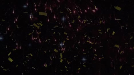 Animation-of-fireworks-exploding-and-gold-confetti-falling,-on-black