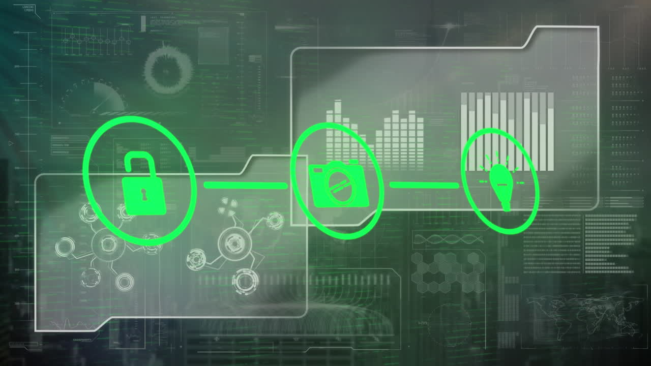 Animation of icons and financial data processing over dark background