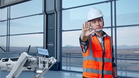 ingeniero asiático con casco de seguridad desaprueba sin señal de mano mientras está de pie en una fábrica de alta tecnología, analizando el concepto de máquina robótica