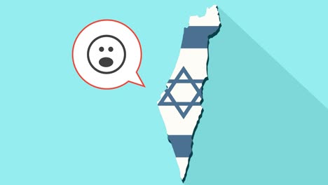 animation of a long shadow israel map with its flag and a comic balloon with suprise emoji face