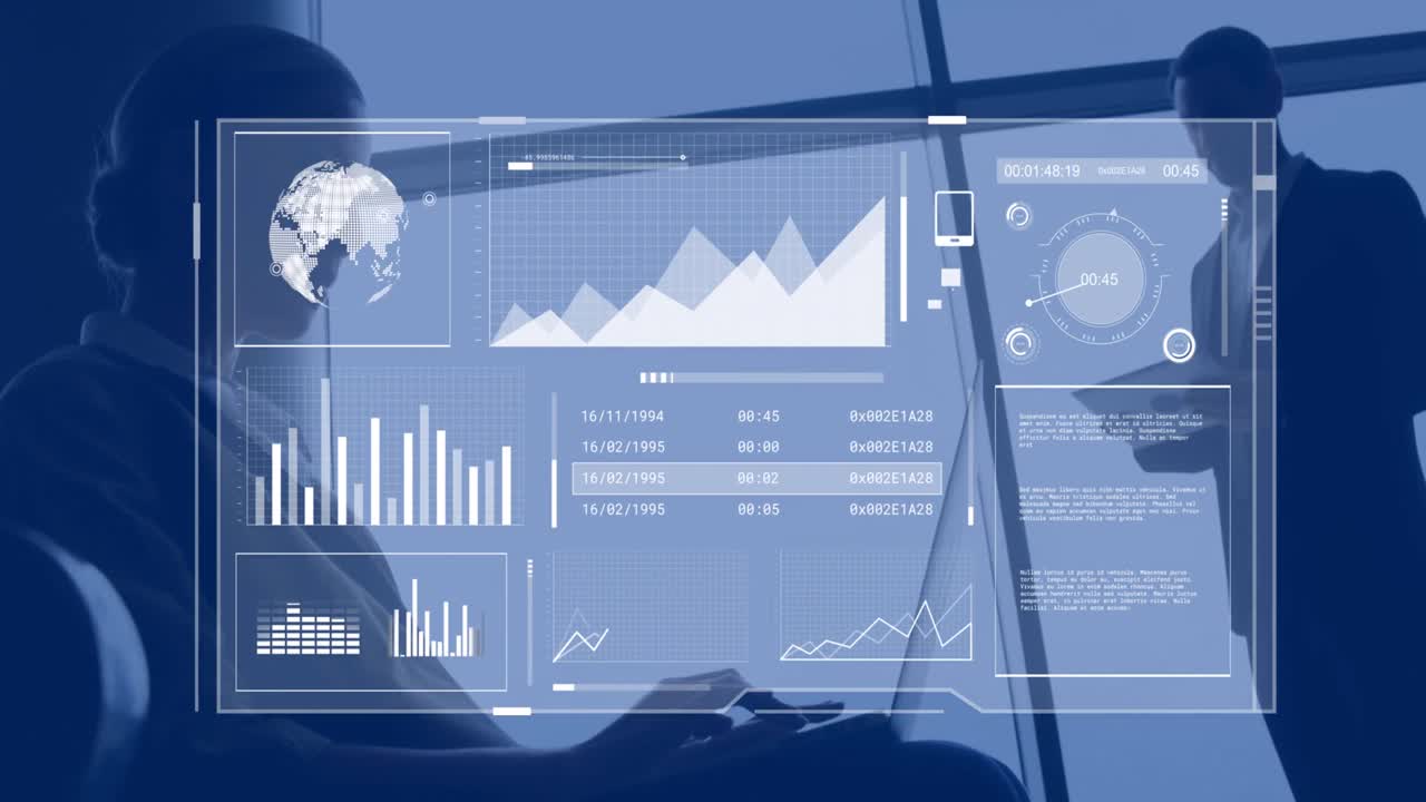 Animation of financial data processing over two diverse business people
