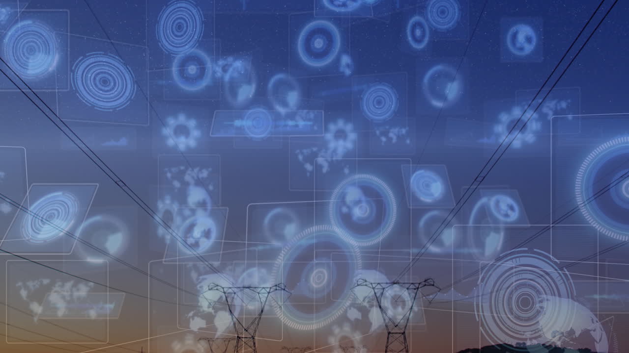 animación de escaneos y procesamiento de datos en pantallas sobre torres eléctricas