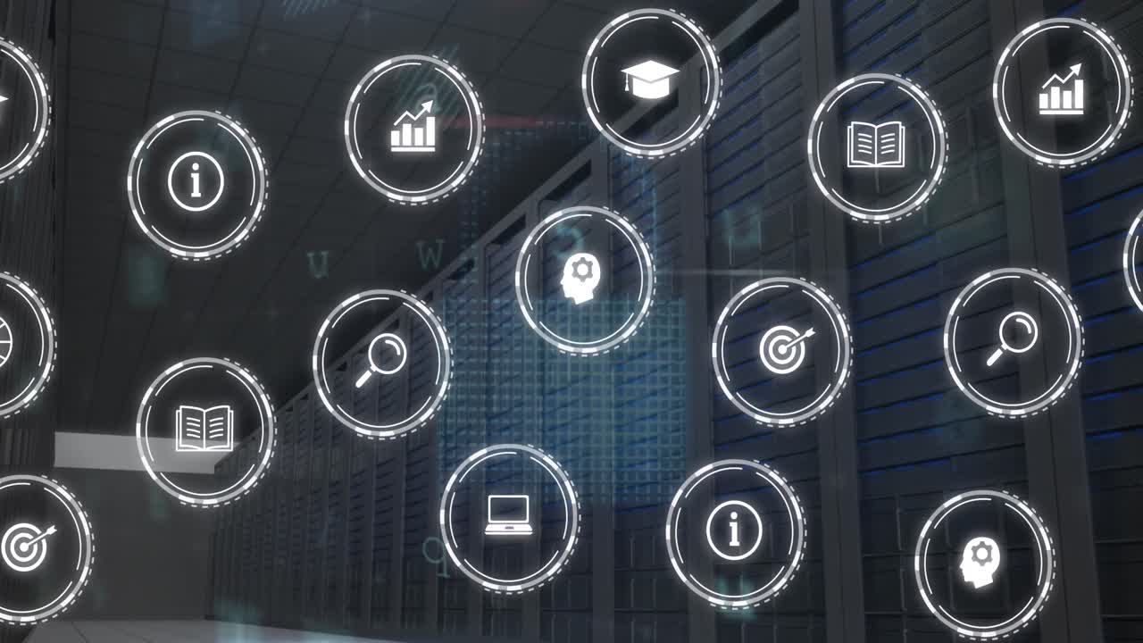 Animazione di molteplici icone digitali ed elaborazione dati di cybersicurezza su sfondo di sala server