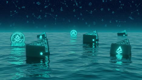 a surreal digital landscape featuring floating crypto wallets in a tranquil ocean setting with glowing coins against a celestial background