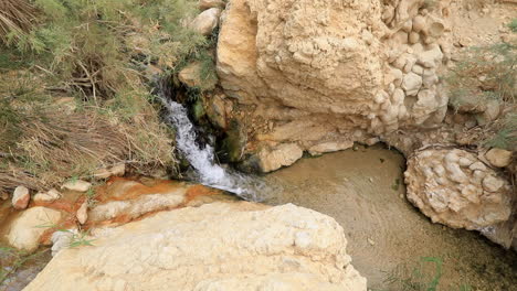 Small-oasis-waterfall-flowing-among-rocks-and-greenery,-conveying-a-sense-of-tranquility